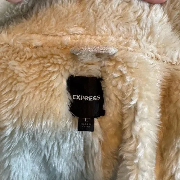 Express Faux Suede Moto Jacket Cream Shearling Collar Zip Front Large - Picture 9 of 13